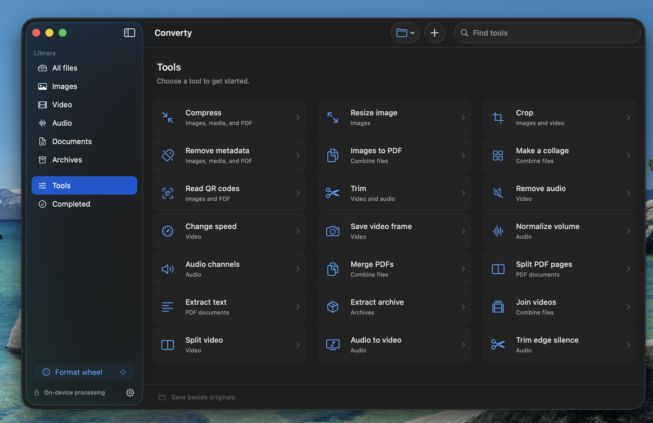 The real Converty Mac app in dark appearance, showing its native sidebar and tools including compress, crop, resize, trim, and merge PDFs.